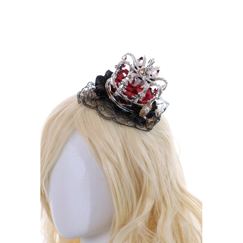Kawaii-Story C-107-2 Silver Crown Red Rose Bow Black Lace Ruffle