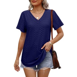 OFEEFAN Tunics or Tops to Wear with Leggings V Neck Short Sleeve Loose T Shirts Lightweight Summer Beach Vacation Outfits for Women Basic Tees Clothes Navy Blue XL