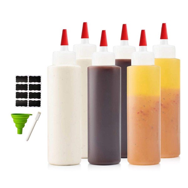 6-pack Premium Condiment Squeeze Bottles for Sauces, Paint,Oil, Condiments,Salad Dressings, Arts and Crafts - BPA Free- Food Grade-Includes Funnel, Erasable Marker and Reusable Labels (8 oz)