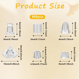 550 Pcs 6 Styles Clear Earring Backs, Earring Backs for Studs, Clear Earrings Safety Back Rubber Earring Backs Soft Clear Rubber Earring Stopper Backs Ear Backings Replacement Backs for Earring