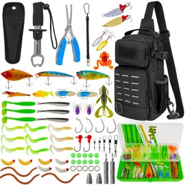 THKFISH 79 Pcs Fishing Tool Kit, Fishing Backpack with Tackle Boxes Fishing Pliers Kit Fishing Bait Lure Gear Kit Include Fish Hook Remover, Fishing Lures, Lip Gripper