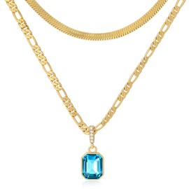 Mesovor Gold Crystal Layered Necklaces for Women Trendy, 18K Gold Plated Statement Crystal Pendant Necklace | Birthstone Necklace Jewelry Gifts (Blue)