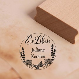 DEKOLANDO Exlibris Stamp with Name and Motif - Ex Libris Book Stamp Wooden Stamp Book Labelling Name (Wreath Floral Roses Butterfly)