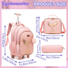 Kids Rolling Backpack for Girls Trolley Suitcases Luggage Travel with Wheels Bookbag Wheeled 17" 3PCS Roller Backpacks Toddler Back Pack School Bags Set for Elementary Mermaids Pink