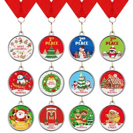 Cholemy 12 Pcs Christmas Decorating Contest Medal Awards 2'' 12 Style Christmas Decorating Contest Prizes Holiday Decorating Medals for Christmas Decorating Party Ornament Decoration Supply