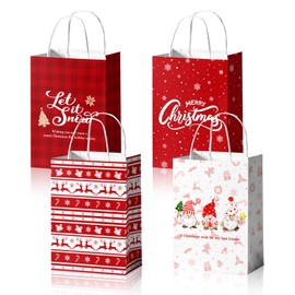 Reyoust 24PCS Christmas Gift Bags for Holiday Paper Gift 4 Designs Xmas Candy Treat Bags with Handles Winter Holiday Party Gift Bags Party Supplies