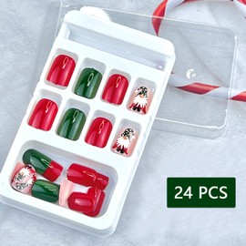 24pcs Christmas Red and Green Press-On Nails Short Square False Santa Claus Nails Glossy Full Cover Acrylic False Nails with Red and Green Pattern Holiday Stickers Nails Christmas Short Nails