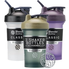BlenderBottle Classic V2 - Botella coctelera perfecta para batidos de proteínas y pre entrenamiento, 20 onzas (paquete de 3), negro, bronceado/azul, morado