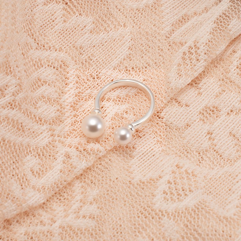 Silver Pearl Rings for Women - Adjustable Open Statement Finger