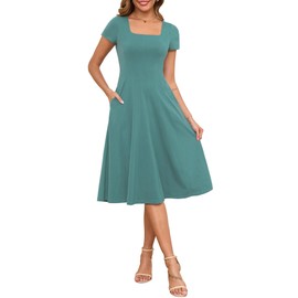 Annebouti Spring Summer Midi Dresses for Women 2025 Elegant Business Casual Modest Semi-Formal Cute Short Sleeve Pleated Church Funeral Teacher Work Dress with Pockets Light Green M