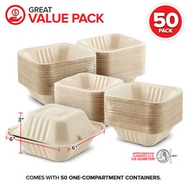 Clamshell Take Out Food Containers 6" x 6” (50 Pack) 1-Compartment, Disposable To Go Container, Togo Boxes With Lids, Trays for Lunch, Dinner, Meal-Prep, Eco Friendly, Compostable, Biodegradable