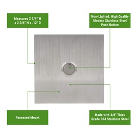 Waterwood Square Doorbell in Silver 1/8" Thick Grade 304 Stainless Steel - Adhesive Mount/Rust Proof - 3" W x 3" H x 0.19" D