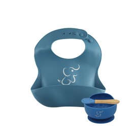 PAPU BABY Set de Alimentación - 1 Babero y 1 Platos Hondo/Bowl (Azul Indigo)