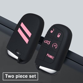 YOSRTER 2PCS Silicone Key Fob Cover Fit for Dodge Charger Challenger Durango Journey Dart Key Shell Protector 5 Buttons Keyless for Dodge Accessories(Pink Trim)