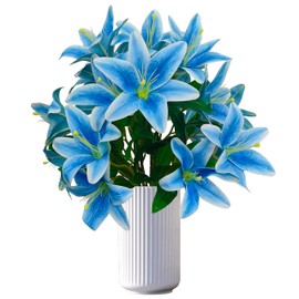 Artificial blue Lilies Flowers,10Pcs Faux Lily Flower,20''Tiger Lily Branch with 2 Full Blooms , Faux Fake Lilies Plants for Wedding Bouquet Home Party Indoor Floral Arrangements (10, blue)