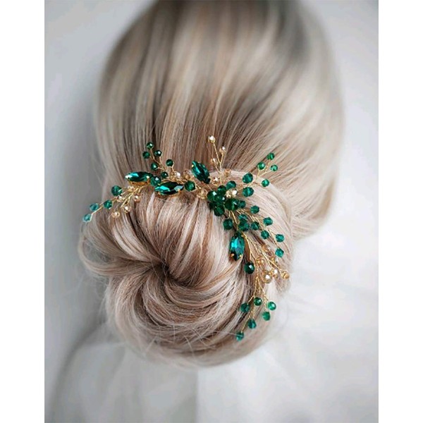 Denifery Horquilla para el pelo de novia esmeralda dorado pieza esmeralda clip de pelo dorado verde esmeralda diadema diadema dorado accesorios para el pelo