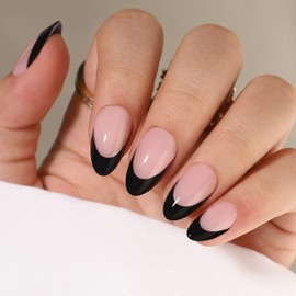 Rchovsam Gel Nails Press on French Almond Soft Gel Press on Nails Medium French with Glue 16 Sizes 32 Reusable Gel Fake Nails Kit Classic Black French