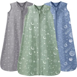 Unnivoll Baby Sleeping Bag 0.5 Tog 12-18 Months Summer Sleep Sack 3 Pack 100% Cotton Baby Sleep Bag Wearable Blanket for Newborn Infant Toddler Gray Green Constellation