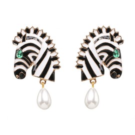 Zebra Animal Dangle Earrings for Women Green CZ Eyes Black White Enamel Pinto Horse Shell Pearl Drop Dangling Cute African Style Jewelry Zoo Souvenirs