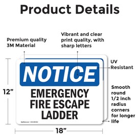 (2 Pack) Emergency Fire Escape Ladder OSHA Notice Sign 18 Inch X 12 Inch Vinyl Label Decal Sticker Weather Resistant, UV Protected for Workplace, Business, and Construction Site, Made in the USA