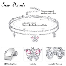 Palpitate Butterfly Anklet for Women Pink Butterfly Anklets 925 Sterling-Silver Ankle Bracelets Adjustable Layered Foot Chain for Women