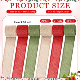 WILLBOND 6 Rolls 33 Yards Christmas Burlap Ribbon Fabric Wired Edge Ribbon Green Red Natural Ribbon Xmas Craft Ribbon Farmhouse Decorative Ribbon for DIY Christmas Holiday Decor (2.4'')