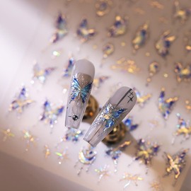 2 Sheets Blue Butterfly Nail Art Stickers,5D Embossed Bronzing Adhesive Nail Decals,Gold & Silver Butterfly Nail Stickers for Women Girls DIY Nail Art Decorations
