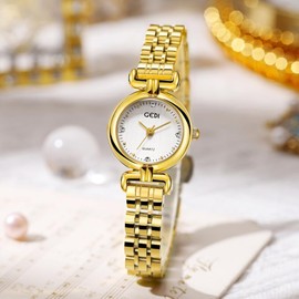 findtime Women's Watch Gold Watch Women's Gold Watch Women's Gold Waterproof Daily Use, White-Golden Silver, Bracelet