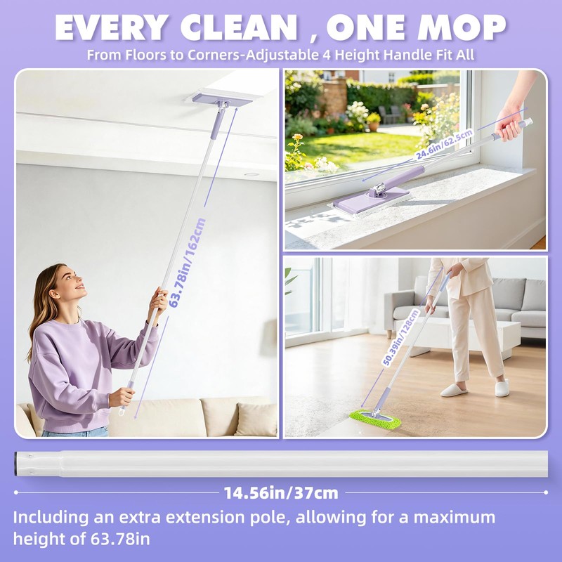 Hands Free Flat Mop with 63" Long Handle, Clamp Mop,Click