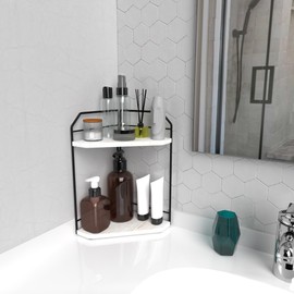 INIUNIK Corner Bathroom Counter Organizer - 2 Tier Wood Vanity Counter Shelf Perfume Skincare Holder, Countertop Corner Shelf Organizer for Bathroom, Kitchen, Rustic White