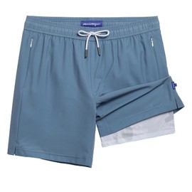 maamgic Mens Swim Trunks with Compression Liner 7" Bathing Suit Quick Dry Swimming Trunks for Men with Zipper Pockets Solid Blue