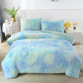 WINLIFE Shaggy Bedding Comforter Set Faux Fur Flannel Furry Comforter Microfiber Long Hair Fluffy Plush Comforter Sets Ombre Blue Aqua Green Bedding for Girls Adults (3Pcs, Queen, Blue Green)