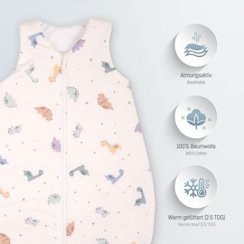 Julius Zöllner Sleeping Bag Jersey Warm Filling 2.5 Tog Washable at 60 °C, Made in Germany, Oeko-Tex Standard 100, Little Dinos Size 50/56