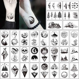 30 hojas de tatuaje temporal del espacio de la montaña negra, tatuaje de manos para hombres y mujeres, diseño de estrella del bosque, diseño de luna, 