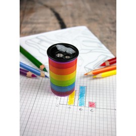 KUM AZ3790016 - Pencil Sharpener with Container, Rainbow, 2 Sharpeners for Thick and Thin Pencils, 8 and 11 mm