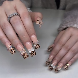 Jremg French Tip Press on Nails Long Square Fake Nails Glossy Brown Leopard Print False Nails with 3D Bow Designs Acrylic Nails Cute Full Cover Glue on Nails French Artificial Nails for Women 24Pcs