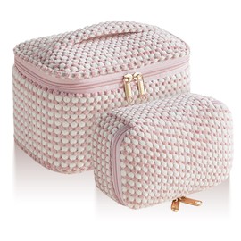 Kytpyi Cosmetic Bag Set, Cosmetic Bag Travel, 2 Pieces Stylish Corduroy Makeup Bag Large with Compartments for Toiletries, Portable Soft Toiletry Bag Women for Dating, Party, Travel (Pink Dot), Pink