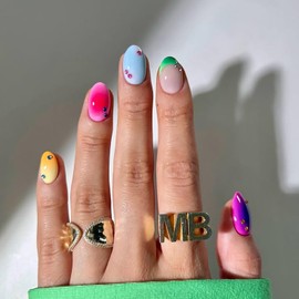 24Pcs Press On Nails Short Almond Fake Nails Colorful Nails Prsss Ons French Tip False Nails With Rhinestone Designs Acrylic Full Cover Glue On Nail Colorful Stick On Nail For Women