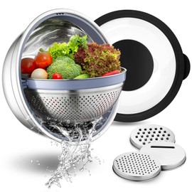 P&P CHEF 4-In-1 Stainless Steel Colander with Bowl Set, Rotatable Strainers for Kitchen, Fruit Cleaner, Washing Fruit & Draining Pasta, Mixing Bowl and Lid with Grater for Salad, Black