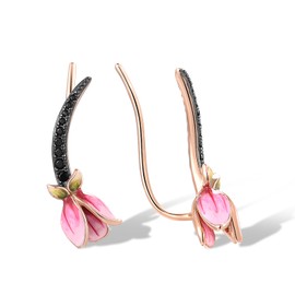 Santuzza Sterling Silver Pink Enamel Tulip Ear Cuffs Climber Earrings Black Spinel Rose Plated Flower Ear Crawler Earrings for Women