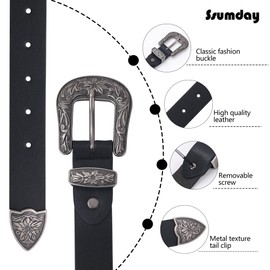 Ssumday Western Cowboy Black Style Belts for Women Female Girl Ladies Cowgirl Belt Jeans Pants Dresses Dress with Vintage Silver Buckle(SJTBK-M)
