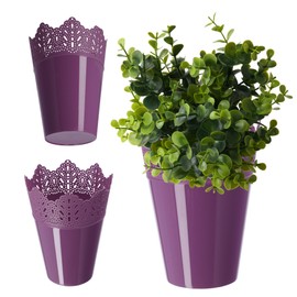 KADAX Lace Plastic Flower Pot, 9 Colours, Flower Pot with Lace Motif, Flower Pot Protector for Office, Pot, Garden Bowl, Flower Pot, Planter (Diameter 16.5 cm, High, Purple)
