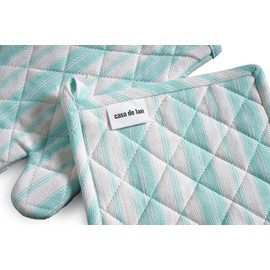 Oven Mitt & Potholder Set - Durable Heat Resistant Gloves - Thick Mittens for Kitchen - Suitable for Cooking, Baking, Grilling – BBQ - 1 Oven Mitts & 1 Potholders – Light Blue Stripes - Casa De Lan