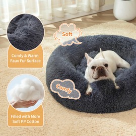 Calming Dog Bed for Medium Dogs, 30 inches Anti-Slip Round Fluffy Plush Faux Fur Medium Pet Bed, Donut Washable Cat Bed, Fits up to 45 lbs Pets, Deep Blue