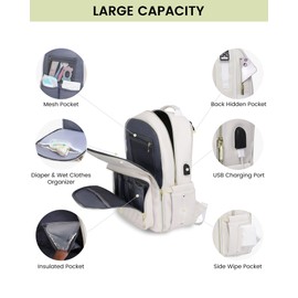 LOVEVOOK Leather Diaper Bag Backpack, Quilted Baby Bag with Changing Pad & Pacifier Holder, Waterproof Travel Diaper Bags with USB Charging Port for Baby, Stylish and Large Capacity, Beige