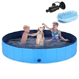 Portable Dog Swimming Pool, 160 cm x 30 cm, PVC Bathing Tub for Extra Large Dogs, Indoor/Outdoor Use, with Pet Bath Brush