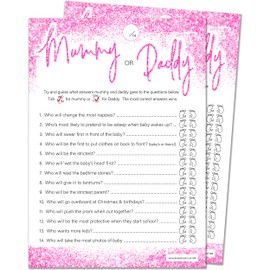 20 x Mummy or Daddy Baby Shower Game - Pink Glitter Effect (20 Guest Cards + 1 Card of Answers for The Host + Winner Certificate)
