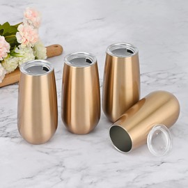 4 Pack Stemless Champagne Tumbler, Champagne Insulated Tumblers, Double Insulated Champagne Glass 6 Oz Reusable Champagne Toasting Glasses with Lid, Stemless Champagne Flute Wine Tumbler (Gold)