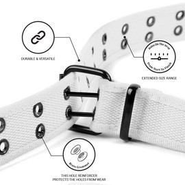 boxed-gifts Solid Color Military and Casual Canvas Belt, Double Grommet Unisex Belt for Men and Women - White