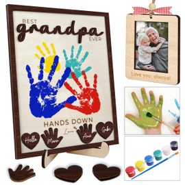10" Hands Down Best Grandpa Ever DIY Handprint Kids Frame with Paints, Car Picture Holder, Photo Ornament, Fridge Magnet, Art Craft Family Keepsake Birthday Father's Day Gift for Pops, Papa HF610